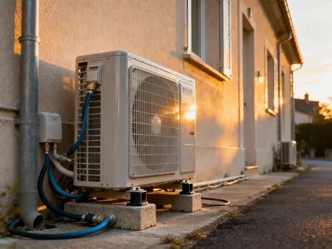 Pompe à chaleur extérieure installée sur une maison en France