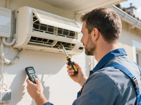 Frigoriste mettant en service une climatisation en France