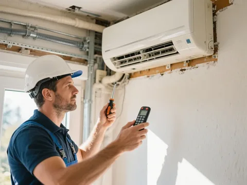 Frigoriste mettant en service une climatisation en France