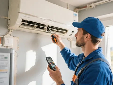 Frigoriste mettant en service une climatisation en France