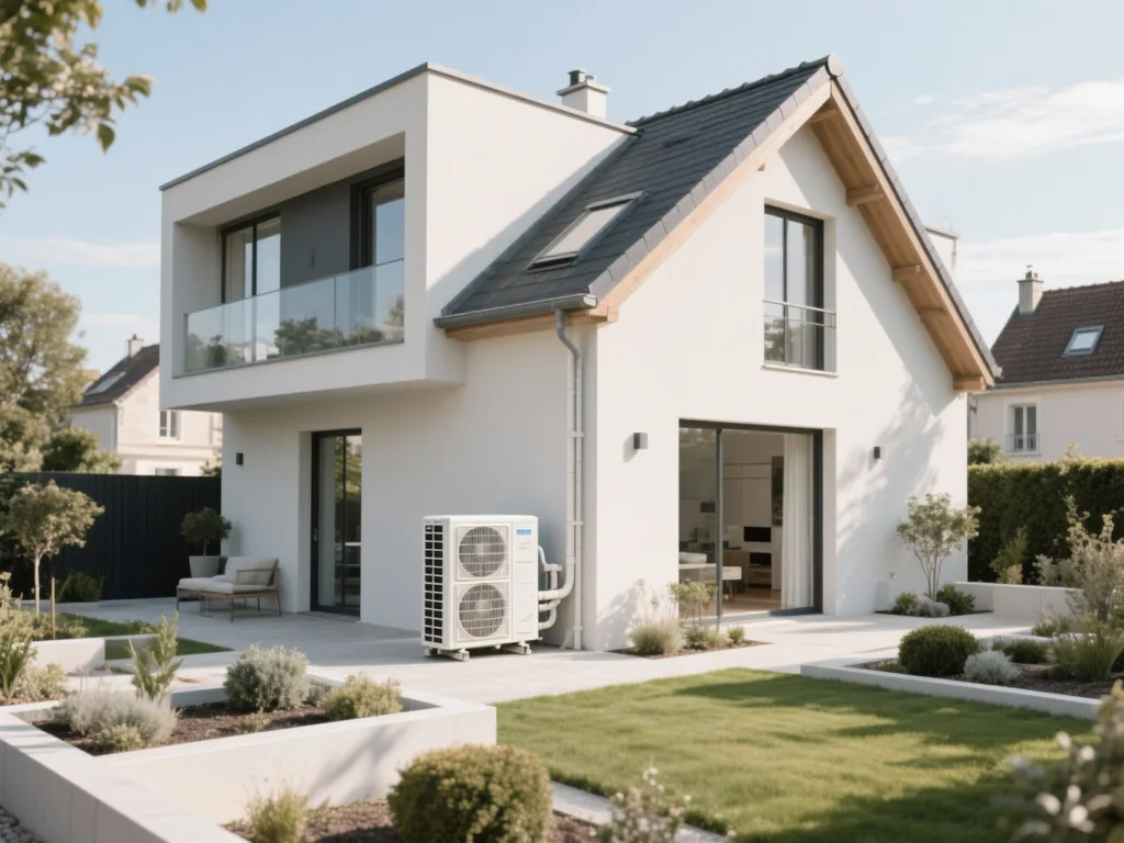 Maison avec pompe à chaleur extérieure en France, équipement moderne