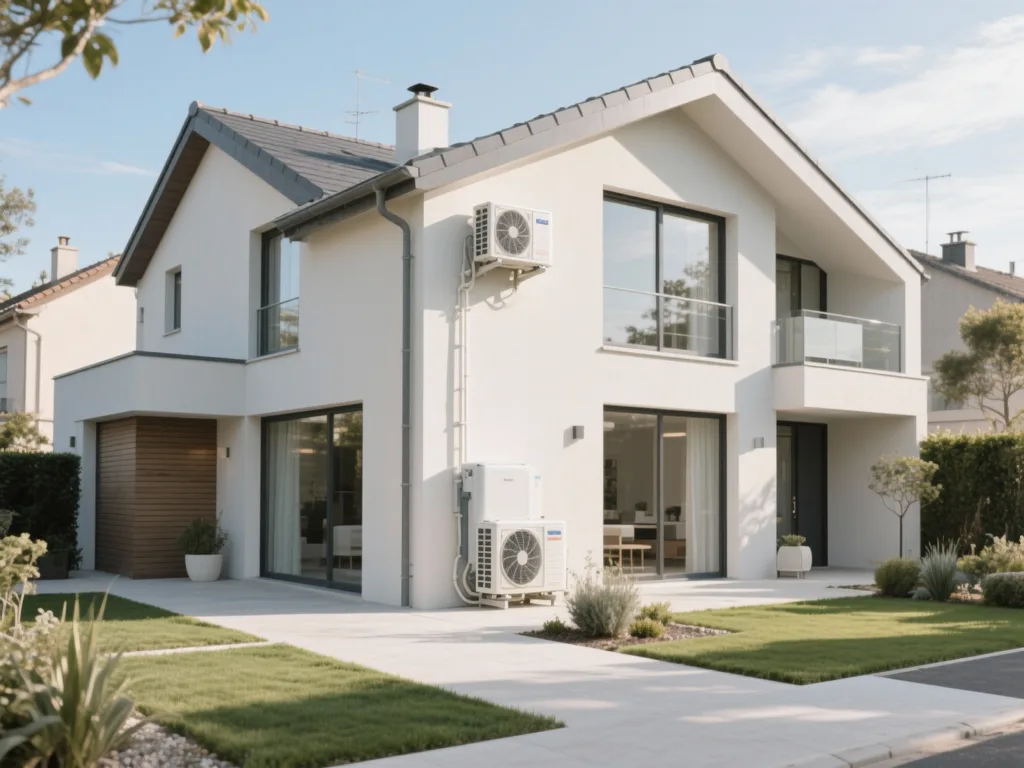 Maison avec pompe à chaleur extérieure en France, équipement moderne