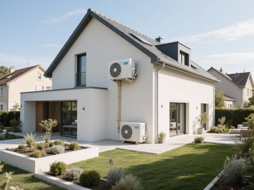 Maison avec pompe à chaleur extérieure en France, équipement moderne