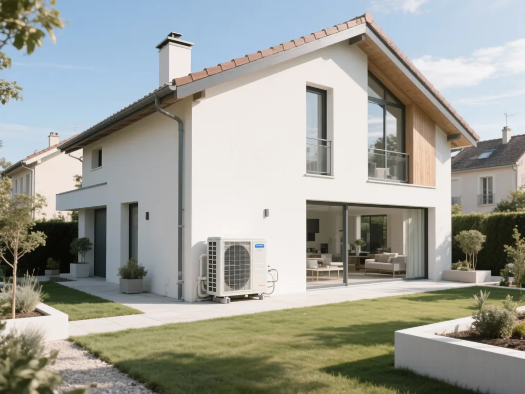 Maison avec pompe à chaleur extérieure en France, équipement moderne