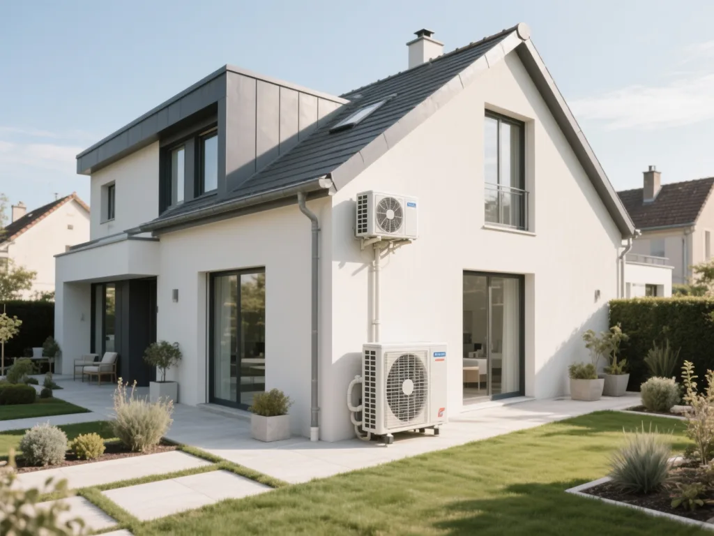 Maison avec pompe à chaleur extérieure en France, équipement moderne