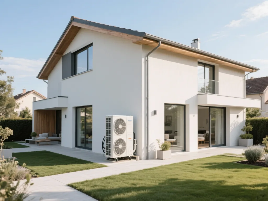 Maison avec pompe à chaleur extérieure en France, équipement moderne